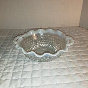 Anchor Hocking Moonstone Vintage Opalescent Hobnail Ruffle Edge Handle Bowl Dish
